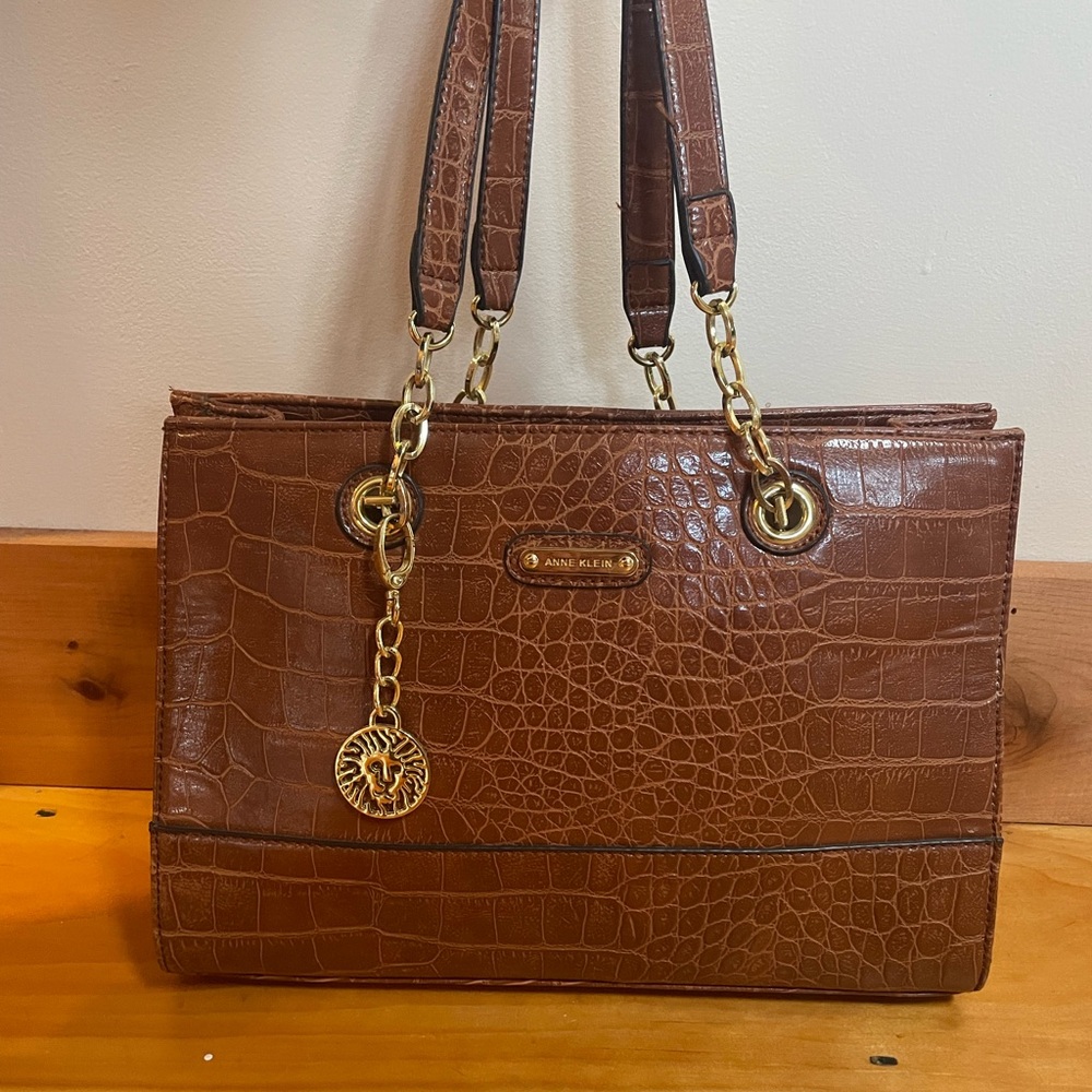 Anne Klein Croc-Embossed Shoulder Bag with Gold Accents